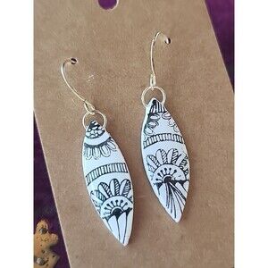 Polymer Clay White And Black Floral Dangling Pierced Earrings New